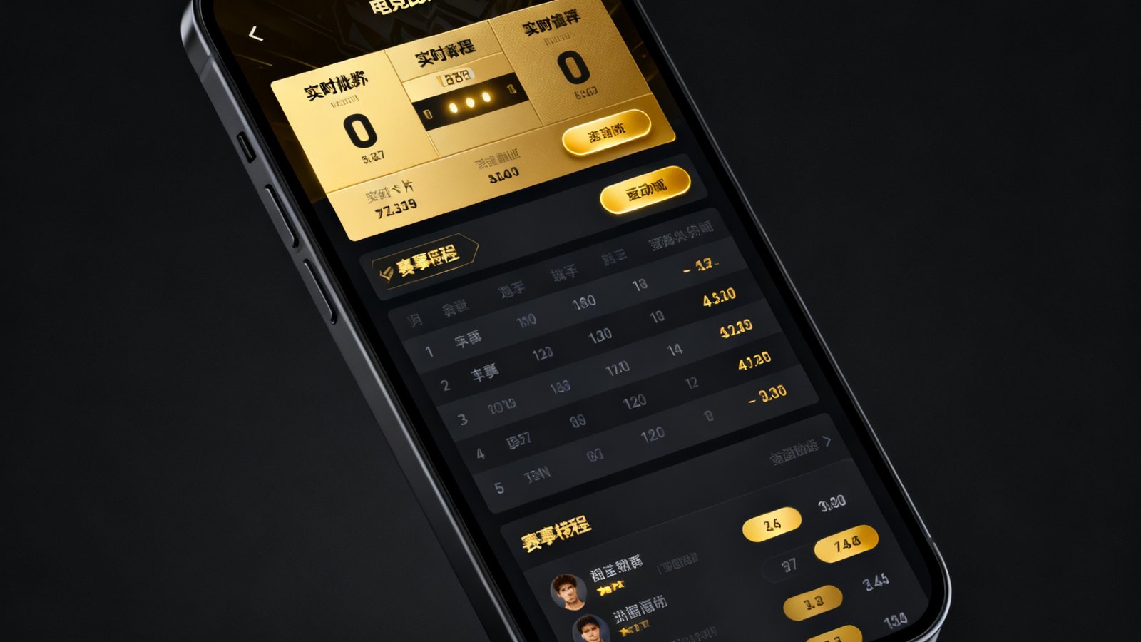一部智能手机屏幕显示电竞比分网移动端界面，展示实时比分卡片、赛事日程列表和选手数据面板，UI设计采用深色主题配金色强调元素